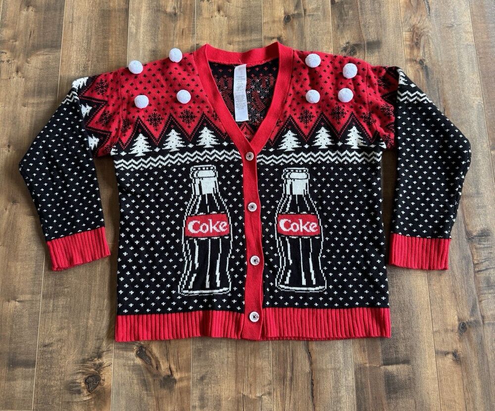 Coca Cola Cardigan Holiday Christmas Sweater Polar Bear Real Thing Pom Pom XL